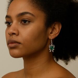 Hand Crafted Silver Frog Earrings with Green Gemstone